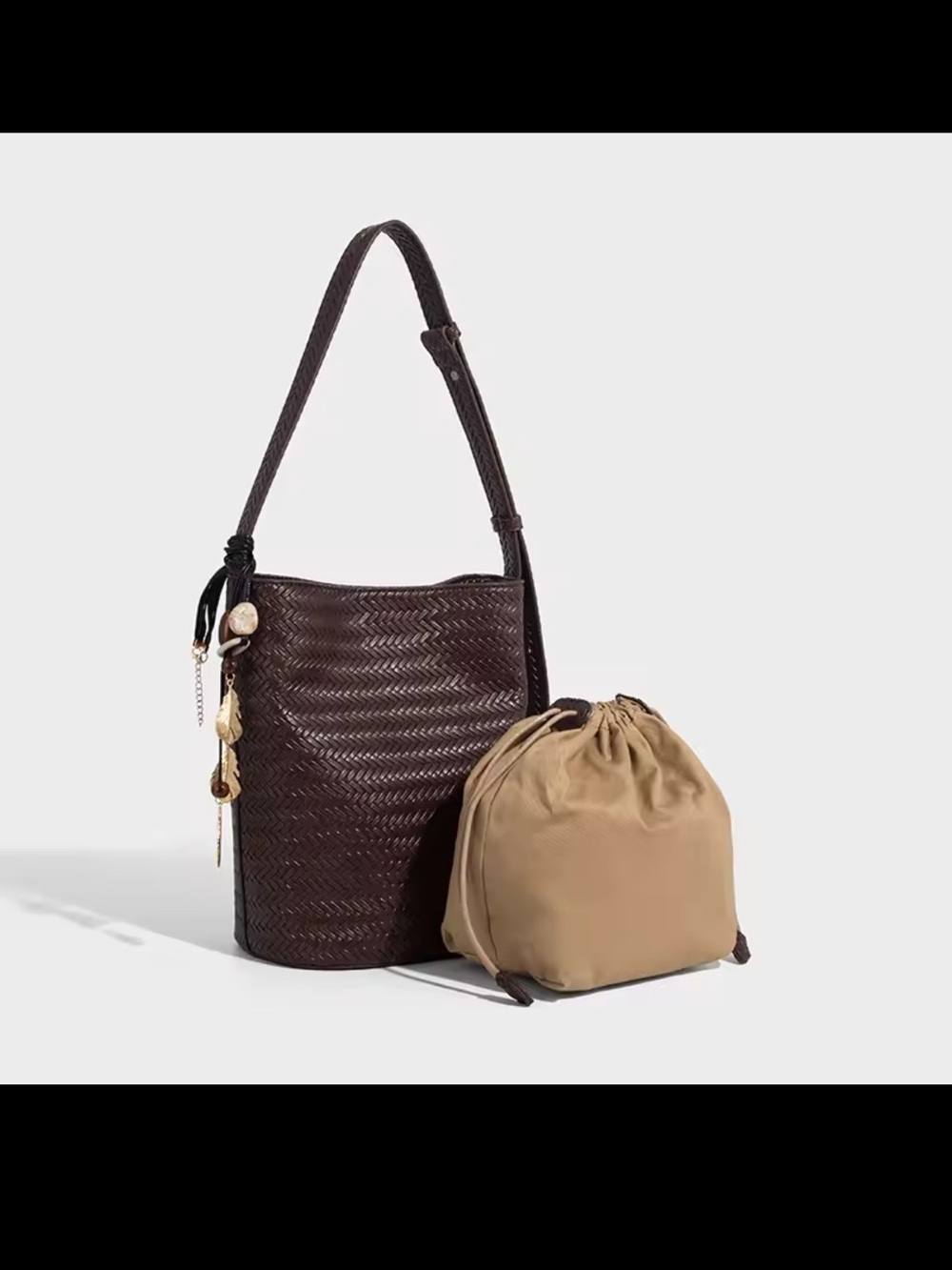 Brown Woven Bucket Bag with Beige Drawstring Pouch